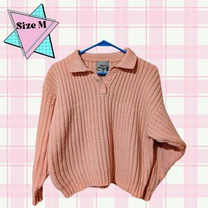 Vintage 80s Helium Ribbed Knit Polo Sweater Pink Pastel Slouchy Grandpa Core - M